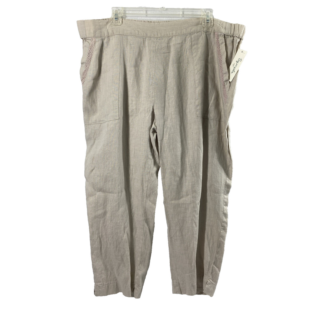 Symple Womens Linen Pants Size Large Tan Ankle Slacks Coastal Pull On Pockets